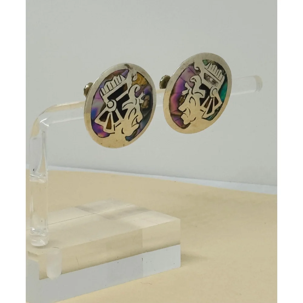 Vintage Mexican Sterling Silver &‎ Abalone Aztec Earrings